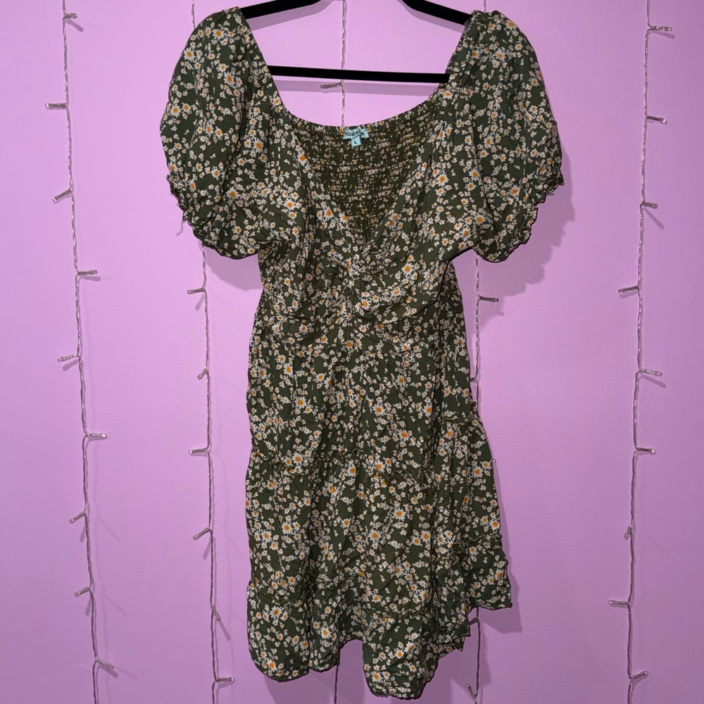 Green Floral Smocked Puff-Sleeve Mini Dress - Women's